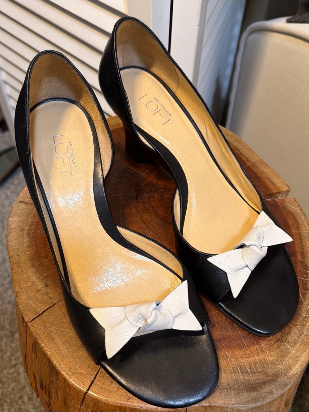 LOFT Black Leather Open-Toe Heels with White Bow Accent